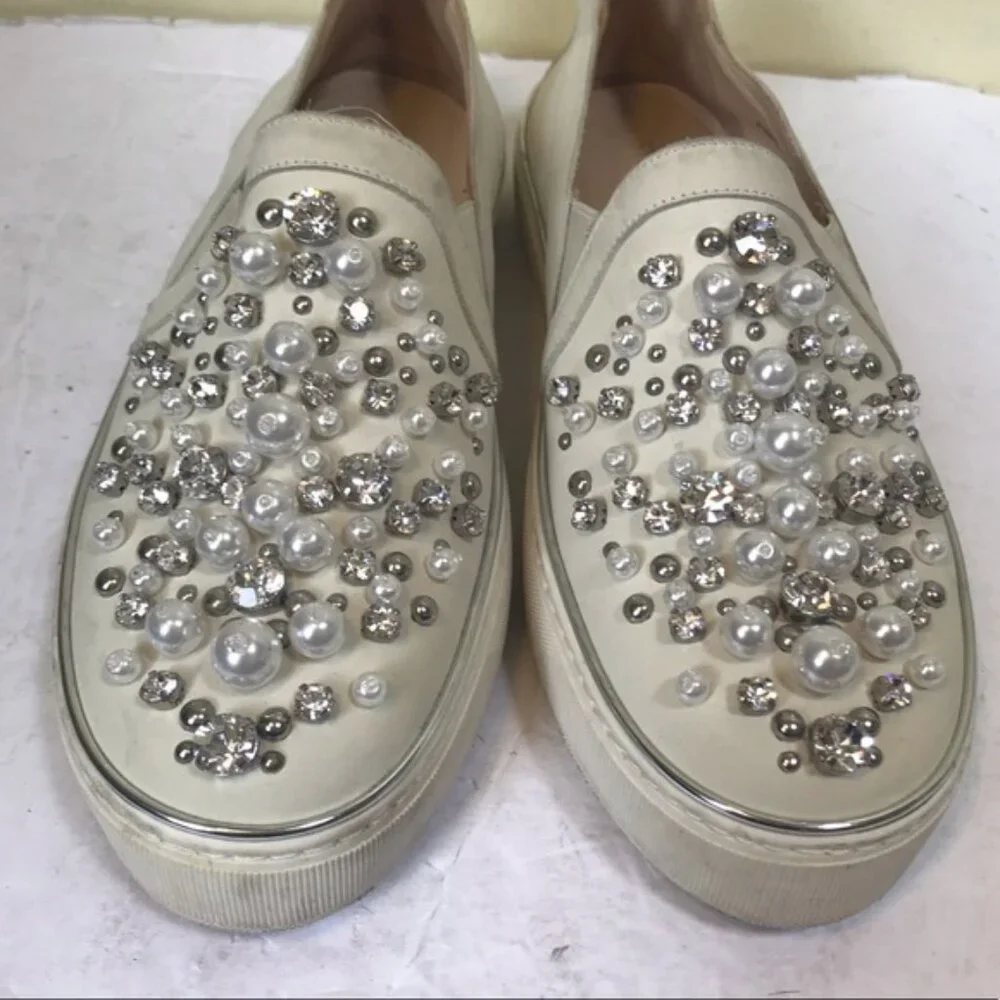 Stuart Weitzman Pearl Embellished Leather SlipOn Platform Sneakers Shoe Slides 7 - Picture 6 of 16